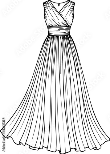 Minimalist Line Art Drawing of a Long Pleated Evening Gown for Fashion Design and Wedding Illustration