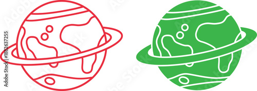 Two colorful planets with rings in red and green colors space ringed planet