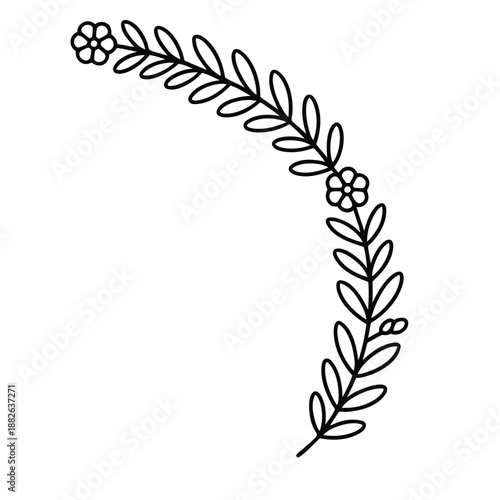 Black line drawing of a floral wreath