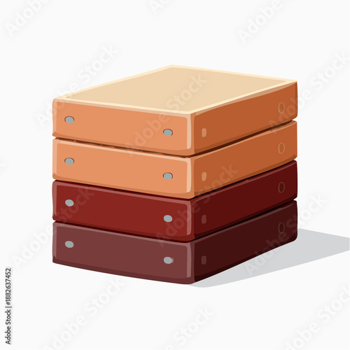 A stack of four boxes with different shades of brown, viewed from an angle, on a plain surface, showcasing varying sizes and layering.