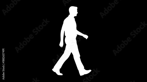 White silhouette of a man walking in a brisk pace isolated on a solid black background concept for motion and business commute