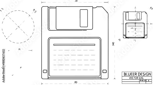 Technical Blueprint Illustration of a 3.5 Inch Floppy Disk with Measurements and Dimensions