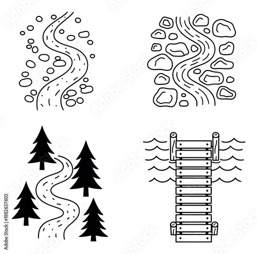Hand drawn landscape elements set featuring winding rivers, a forest path, and a wooden pier for outdoor and travel designs
