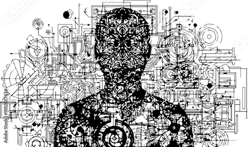 Human Silhouette Filled with Intricate Mechanical Gears and Circuitry Pattern Illustration