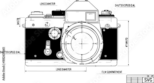 Vintage SLR Camera Technical Blueprint Drawing with Detailed Component Labels