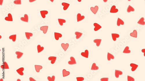 Red and pink hearts of various sizes are scattered randomly on a light beige background, creating a cheerful and playful pattern.