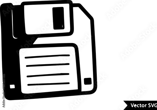 Retro Floppy Disk Storage Icon, Hand-Drawn Sketch Style, 90s Vintage Computer Technology Illustration