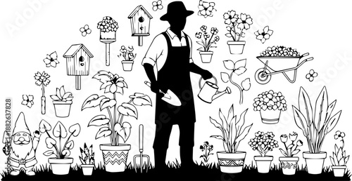 Gardener Silhouette Surrounded by Potted Plants, Flowers, and Gardening Tools, Line Art Illustration for Landscaping and Hobby Gardening