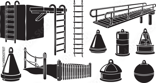 Black and white illustration of playground equipment and barriers