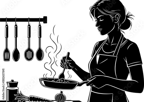 Silhouette of a Woman Cooking in a Kitchen with Fresh Vegetables and Cooking Utensils, Culinary Arts and Healthy Lifestyle Illustration