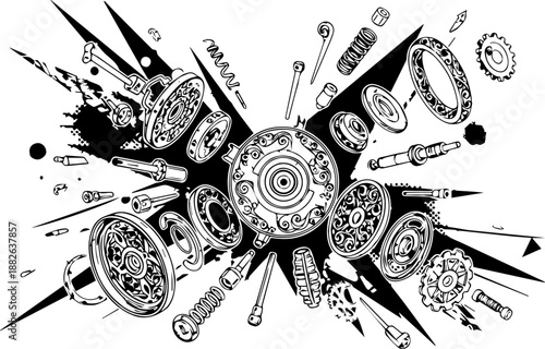 Dynamic Exploded View of Clockwork Gears and Mechanical Parts, Pop Art Halftone Style Illustration
