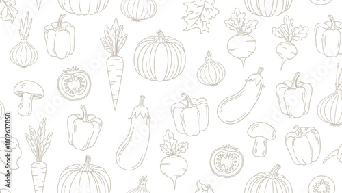 Line drawing of various vegetables on a white background, including pumpkins, carrots, bell peppers, and mushrooms, creating a seamless pattern.