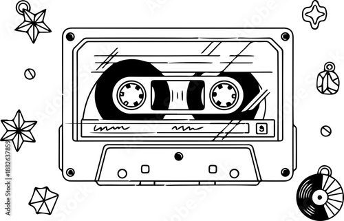 Retro Music Cassette Tape Illustration with Stars and Records, 80s 90s Nostalgia Line Art Drawing