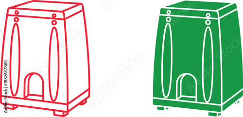 Two green and red wireframe crates with circular holes and wheels on bottom 1