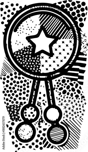 Abstract Baby Rattle Doodle Illustration with Decorative Patterns Star and Stripes in Black and White