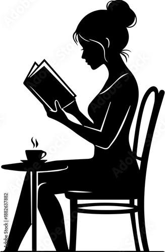 Silhouette of a Woman Reading a Book at a Cafe Table with a Cup of Coffee, Concept of Urban Leisure and Quiet Morning Routine
