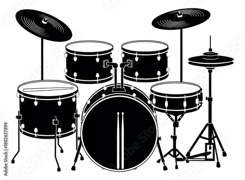 Line art illustration of a drum kit depicting a complete percussion instrument for musical performance
