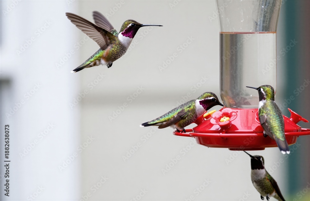 Fototapeta premium Tres colibríes bebiendo néctar de un comedero rojo.