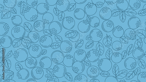 Simple blue line art pattern of blueberries and leaves on a light blue background. The design is minimalistic and conveys a fresh, calming feel.