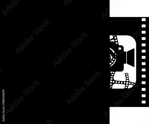 Vibrant film strip graphic with camera and movie reels in red and black