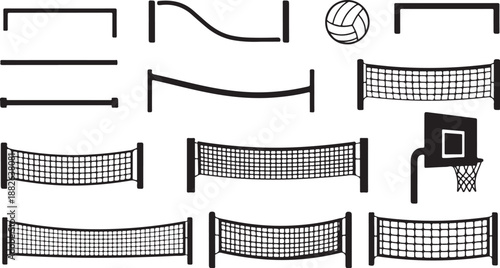 Various sports net and goalpost illustrations in black and white