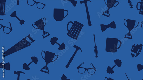 Patterned blue background featuring silhouettes of glasses, mugs, trophies, dumbbells, hammers, bow ties, a saw, and a screwdriver. Playful and organized.