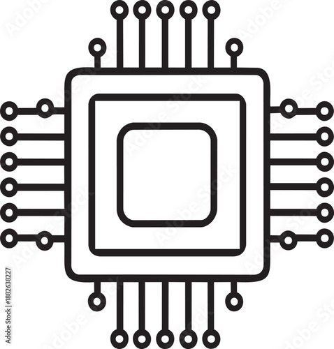 Minimalist Computer Microprocessor Chip Line Icon for Technology Hardware and CPU Processing Concept Isolated on White Background