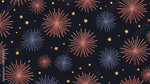 Festive fireworks pattern on a dark background, featuring red and blue starbursts with scattered yellow stars and dots, conveying a celebratory tone.