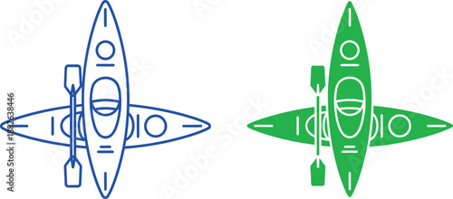 Two kayaks with paddles in blue and green outline style 1