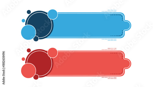 Dual banner design with blue and red horizontal elements and circular accents for digital labeling