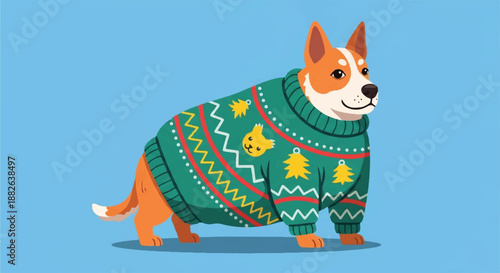 Cute Pembroke Welsh Corgi Dog Wearing Festive Green Christmas Sweater in Snowy Winter Landscape