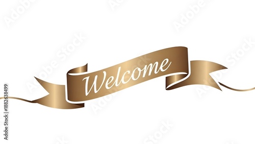 A golden welcome ribbon banner on a white background