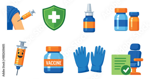 Modern flat design medical items set featuring syringes, vaccine bottles, protective shield, medical gloves, and a clinic chair for immunization and healthcare concepts