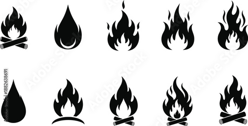 Fire flame silhouette vector set with campfire icons, burning symbols, black heat elements, and minimalist flat design style
