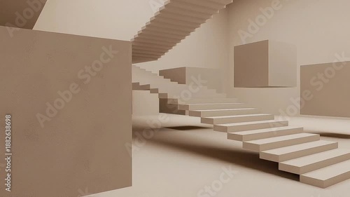 Abstract 3D Render of Minimalist Architectural Space with Floating Cubes and Stairs.