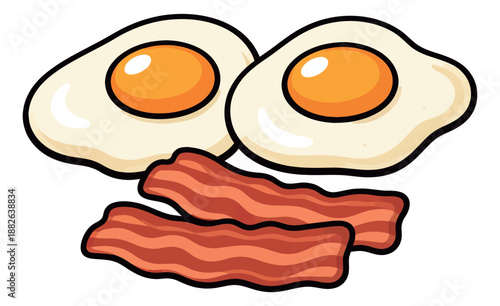 Hand drawn breakfast food set featuring fried eggs and crispy bacon for a morning meal