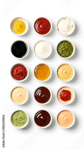 Assorted Condiments in Small Bowls on White Background