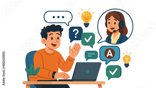 A man communicates with a customer support representative online for help.