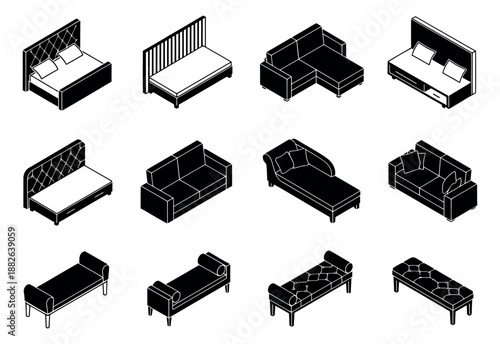 Isometric line art furniture set featuring beds, sofas, and benches for interior design