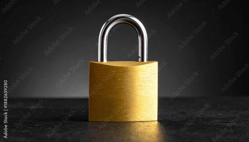 Fototapeta premium Brass padlock with silver shackle on dark surface, symbolizing security and privacy.