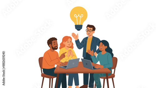 A group of diverse people having a meeting with a bright idea