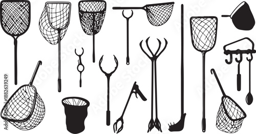 Fishing and gardening tools illustration set on white background