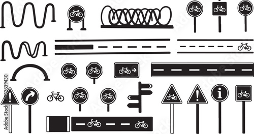 Collection of road signs and traffic symbols in black