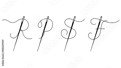 An illustration of sewing needles with thread forming letters on a white background