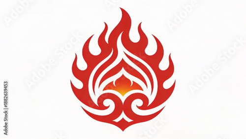 Red tribal tattoo design of a heart on fire with hot flame floral ornaments and dragon style vector art elements on a white background