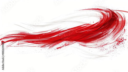 Red ink splashes and flowing white smoke create a colorful art pattern of smooth swirls and motion curves in this vibrant red and white paint design background
