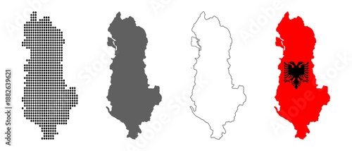 Albania map set with dotted solid outline and flag style vector illustration