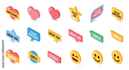 Positive feedback badges and hearts with transparent background