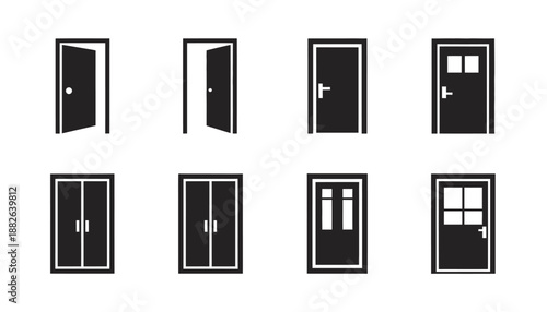Door icons set for home and interior design, featuring clean outlines, modern symbols, and architectural entryway elements.