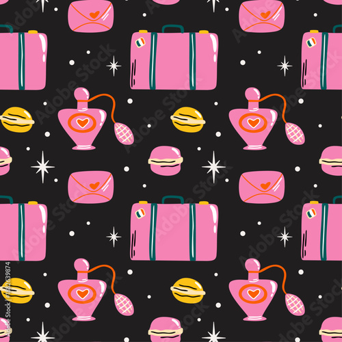 Paris aesthetic seamless vector pattern with cute girly cartoon retro illustration of perfume, suitcase, macaroons, lifestyle elements for travel to France design concept